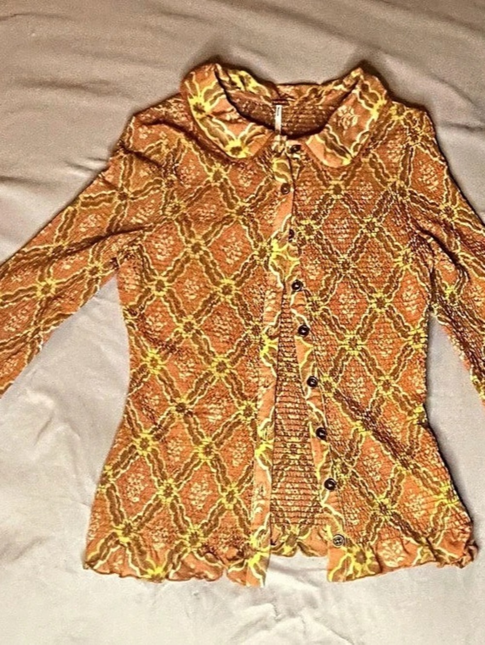 Free People Geometric Button Front Long Sleeve Top in Orange & Brown